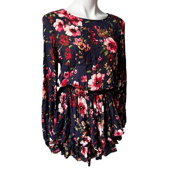 NWT, BluIvy Navy Floral Tiered Ruffle Hem Cinch Waist Dress, sz S - Picture 7 of 12